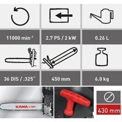 Kama Byreis KMR46 Benzinli Motorlu Testere Ağaç Odun Kesme Motoru +Yağ + Eldiven + Gözlük